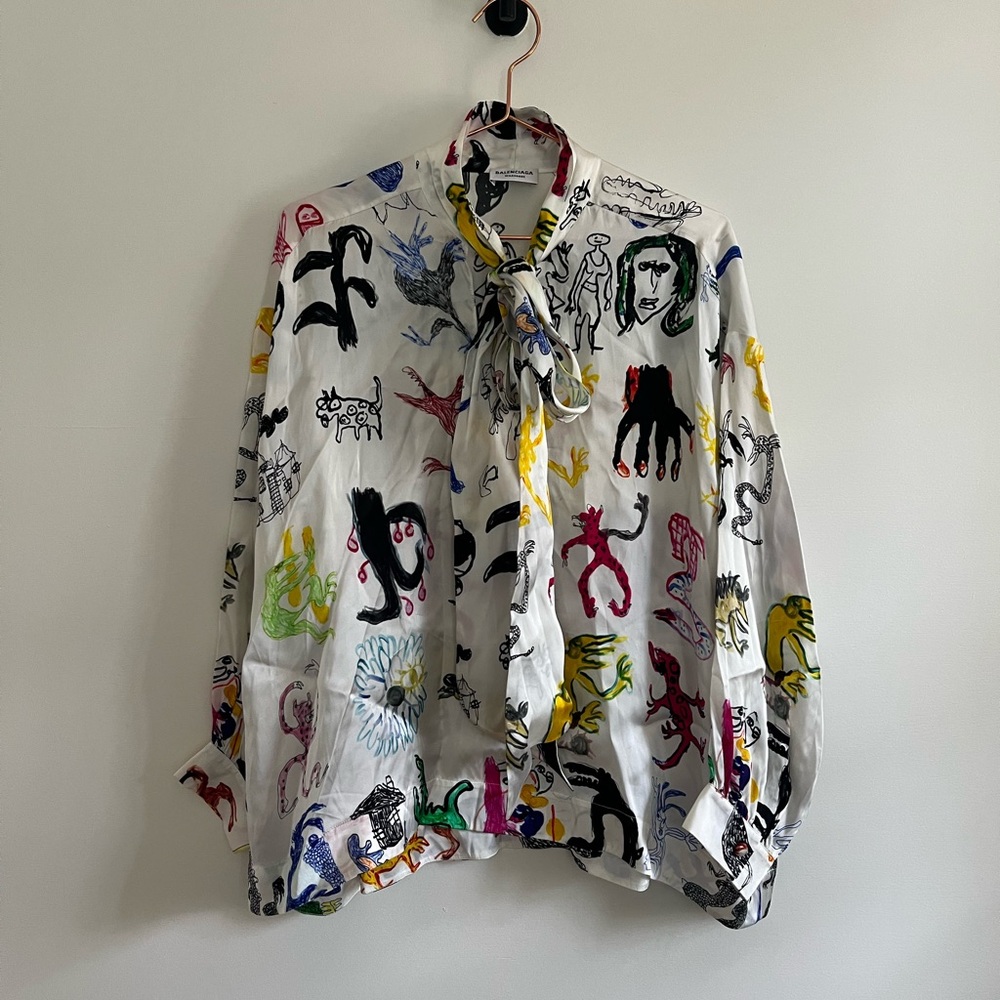 Balenciaga Abstract illustrated- White Multicolor tie neck top